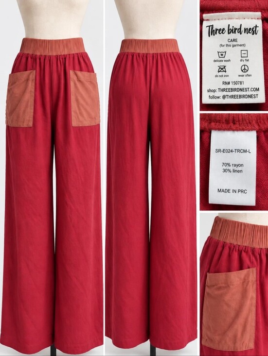 Three Bird Nest Pants - Three Bird Nest Wide Leg Pants Women’s L Red Rust Linen Blend Boho